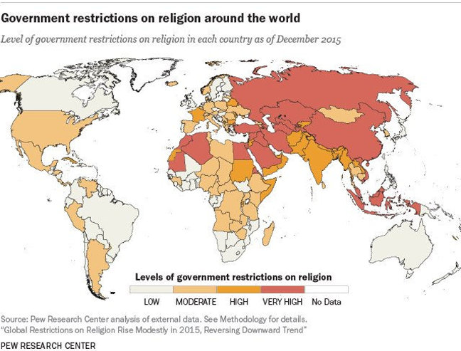 Pew Research Center map of global restriction of religion 