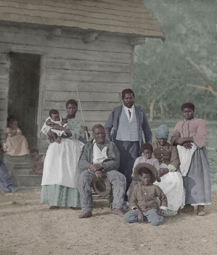 Enslaved African American family representing five generations born on the plantation of JJ Smith, Beaufort, South Carolina. Timothy O'Sullivan photographed the slaves in 1862. (Everett Collection, Shutterstock.com)