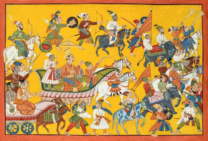 King Dasaratha and His Retinue Proceed to Rama's Wedding: Folio from the Shangri Ramayana Series. (Metropolitan Museum of Art, Public Domain)