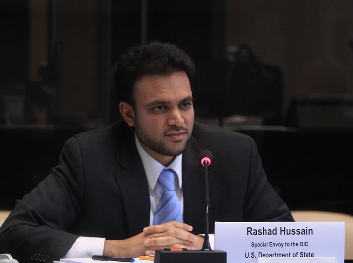 Rashad Hussain, U.S. Special Envoy to the Organization of the Islamic Conference, speaking at a meeting with OIC Health Ministers during the World Health Assembly in Geneva, Switzerland, May 17, 2010. (Creative Commons)